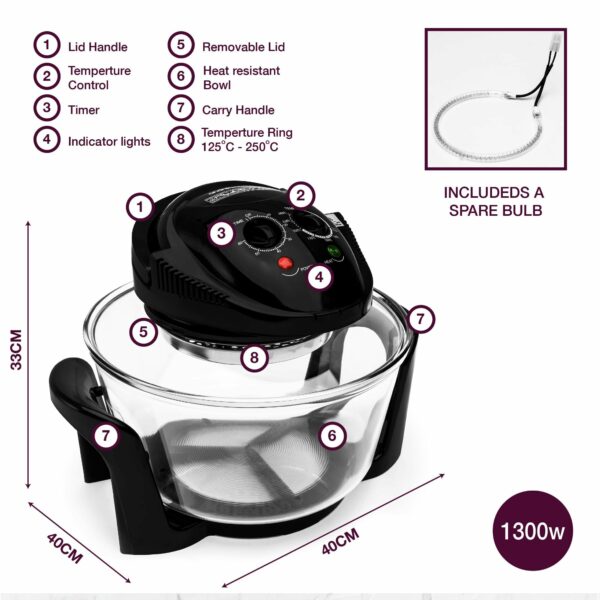 Andrew James Halogen Oven Cooker 12l – 17l 1400W | Glass Air Fryer with Turbo Wash and Included Accessories | Halogen Oven Cooker with Extender Ring & Replacement bulb (BLACK)
