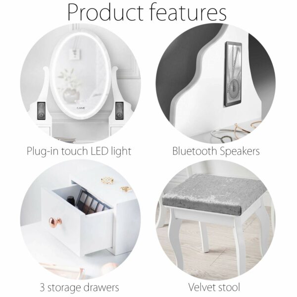 Carme White Dressing Table with Mirror Touch LED Lights 3 Drawers Bluetooth Speaker Stool Set