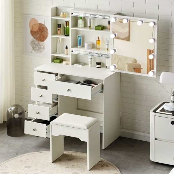 Tukailai Dressing Table with Hollywood LED Lights, Vanity Table with Mirror and Stool