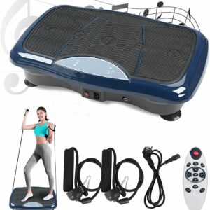 Vibration Plate Exercise Machine Whole Body Workout Vibration Platform w/Bluetooth Speaker Remote Control Vibration Machine 5 Programs 180 Levels Loop Bands for Auult Home Fitness Weight Loss (Blue)