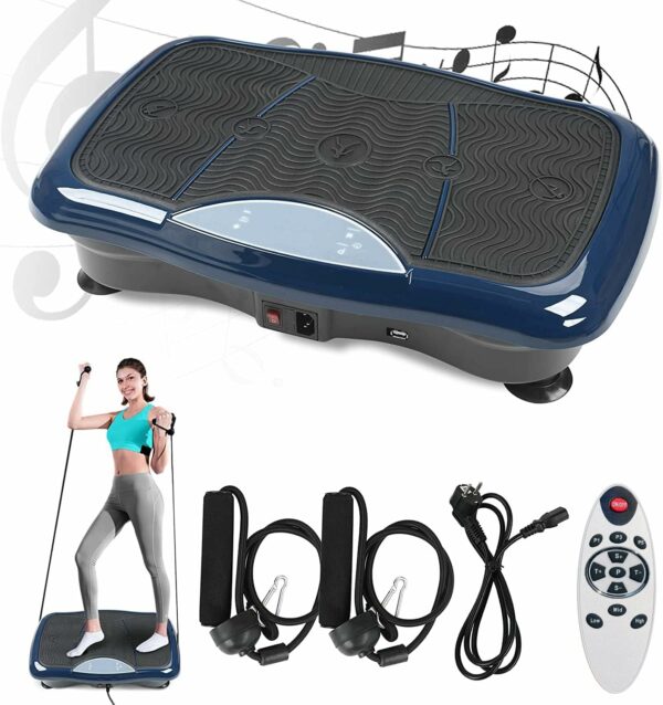 Vibration Plate Exercise Machine Whole Body Workout Vibration Platform w/Bluetooth Speaker Remote Control Vibration Machine 5 Programs 180 Levels Loop Bands for Auult Home Fitness Weight Loss (Blue)