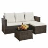 AOUXIN 3 Piece Rattan Garden Furniture Set, Outdoor Sectional Sofa with Coffee Table, Black Wicker, White Cushions