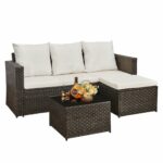 AOUXIN 3 Piece Rattan Garden Furniture Set, Outdoor Sectional Sofa with Coffee Table, Black Wicker, White Cushions