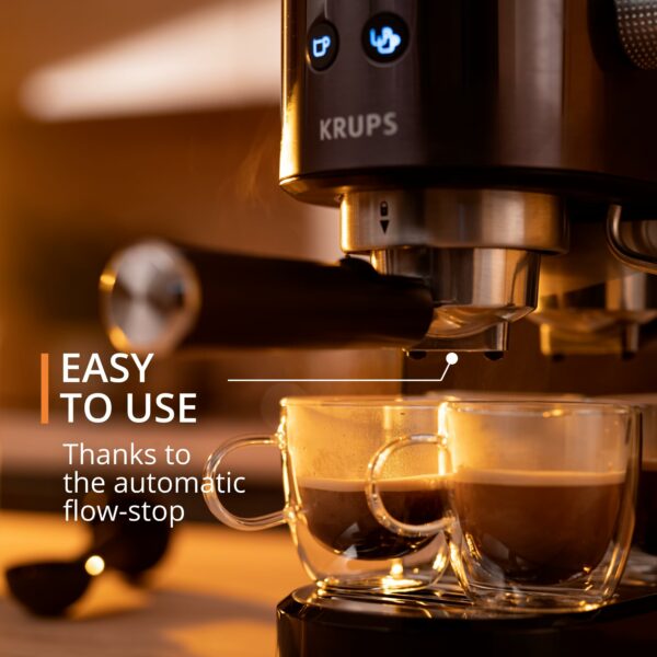 Krups Virtuoso Pump Espresso Machine, Sleek Compact Design, Auto Flow-Stop, Espresso and Cappuccino Maker, Black Stainless Steel, XP444GG0