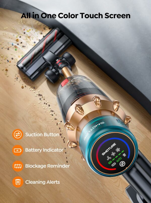 Smoture Cordless Vacuum Cleaner, 550W 45KPA Stick Vacuum with Touch Screen, Up to 60 Mins Runtime, Self-Standing Vacuum