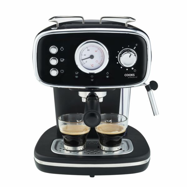 Cooks Professional 15 Bar Retro Coffee Espresso Machine | Coffee Machine with Steam Wand | Built in Temperature Gauge | Black