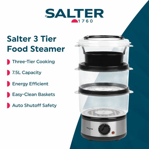 Salter 3 Tier Electric Food Steamer - 7.5L, Stackable Steaming Baskets, Dishwasher Safe, BPA Free Includes Rice Bowl, 60 Minute Timer, Compact Storage, Healthy Cooking Vegetables & Fish, 500W, EK2726