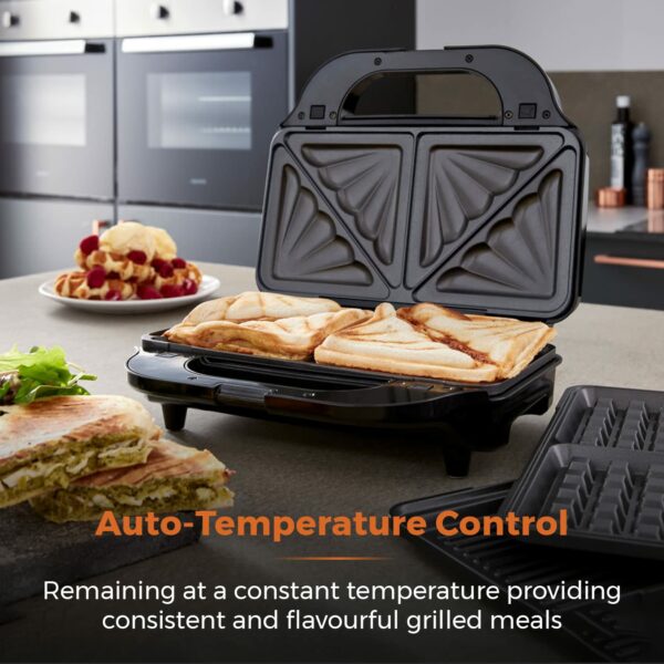 Tower Deep Filled Snack Maker T27032 3-in-1 with Non-Stick Coated Plate and Automatic Temperature Control, 900W, Stainless Steel