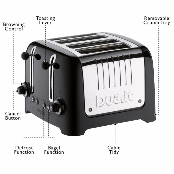 Dualit 4 Slice Lite Toaster | 2kW Toasts 120 Slices an Hour | Polished with High Gloss Black Trim | Bagel & Defrost Settings | 36 mm Wide Slots | 46205