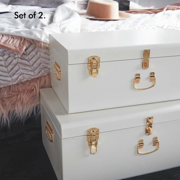 Beautify Extra Large Storage Trunks Set of 2 Storage Chests Stackable for Bedroom, Living Room, Dressing Room, Hallway – White Champagne Colour
