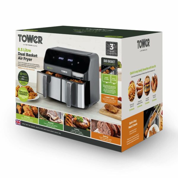 Tower T17099 Vortx 5.2L & 3.3L Eco Dual Basket Air Fryer with 8 One-Touch Pre-sets, 1700W, Black