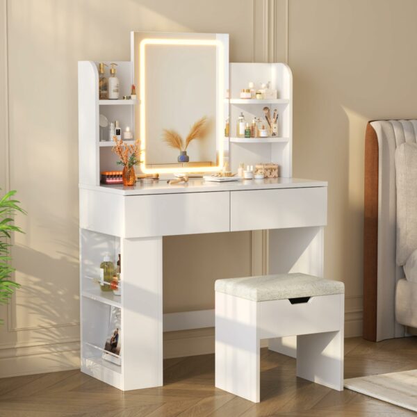 Devoko Dressing Table with Stool,Vanity Desk Set,Makeup Table with Adjustable Brightness LED Mirror,2 Drawers,4 Storage Shelves, 90 x 40 cm,Modern White