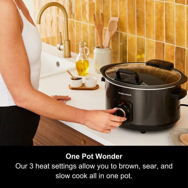 Morphy Richards 6.5L Sear and Stew Slow Cooker with Detachable Hinged lid, Shatter Resistant Aluminium Pot, 3 Heat Settings, Hob Proof, Easy Clean, 163W, Black, 461020