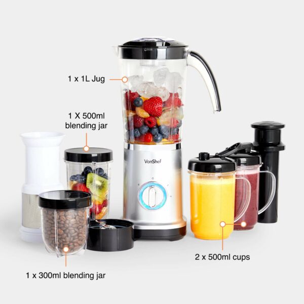 VonShef Blender, Juicer & Grinder - 4 in 1 Multi-Functional, 17 Piece Set with 2 Speed Settings and Pulse Function Ideal for Crushing Ice, Making Smoothies, Protein Shakes and More 220W