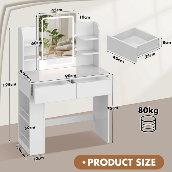 Devoko Dressing Table with LED Lighting Mirror,3 Light Colors,Adjustable Brightness,Vanity Table,Makeup Desk with 2 Drawers and 4 Storage Shelves, 90 x 40 x 135 cm, Modern White