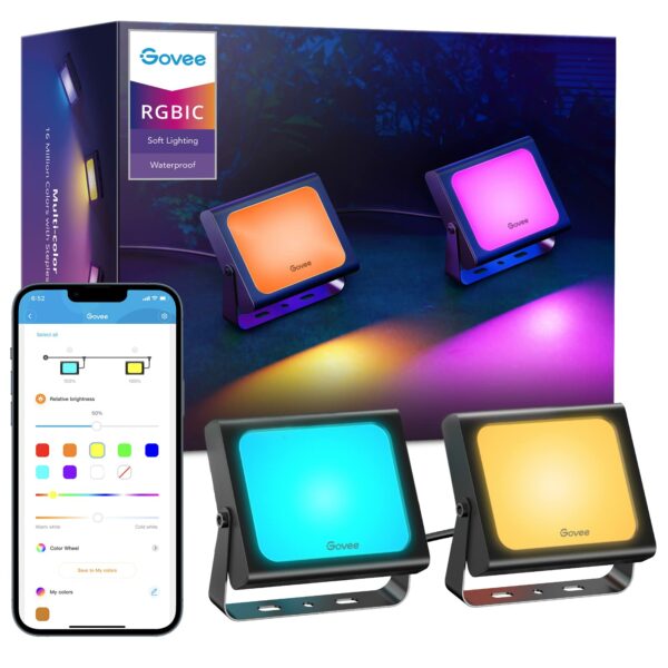 Govee Outdoor Flood Lights, Christmas Decorations Outdoor, 2200-6500K Dimmable RGBIC Warm White and Daylight, Smart WiFi APP Control, Work with Alexa, IP66 for Garden Lawn, 2 Pack