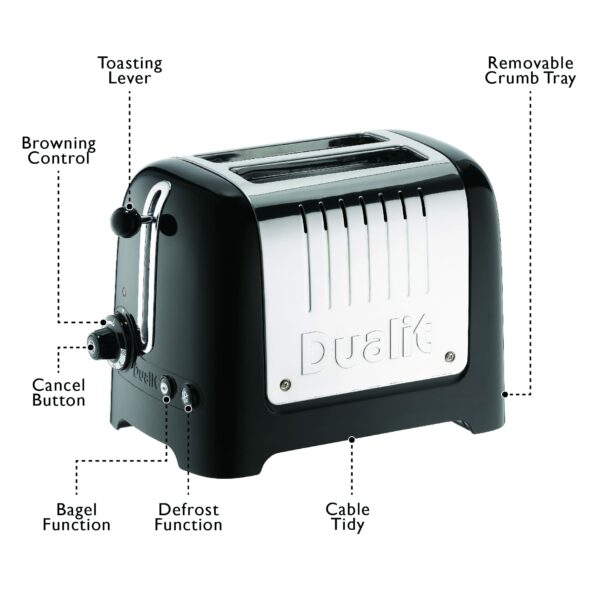 Dualit 2 Slice Lite Toaster | 1.1kW Toasts 60 Slices an Hour | Polished with High Gloss Black Trim | Bagel & Defrost Settings | 36 mm Wide Slots | 26205