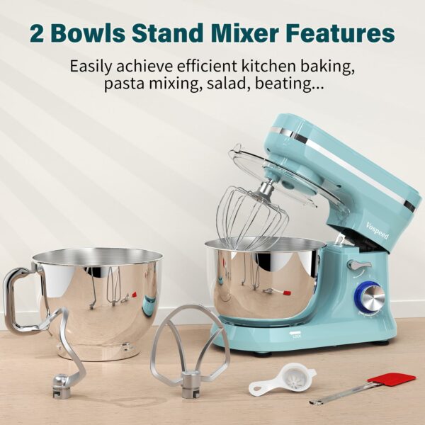 Vospeed Stand Mixer, 4.5L+5L Bowls 8-speed 1000W Tilt-Head Food Mixer for Baking, Kitchen Electric Mixer with Dough Hook, Whisk, Beater, Splash Guard (Bule)