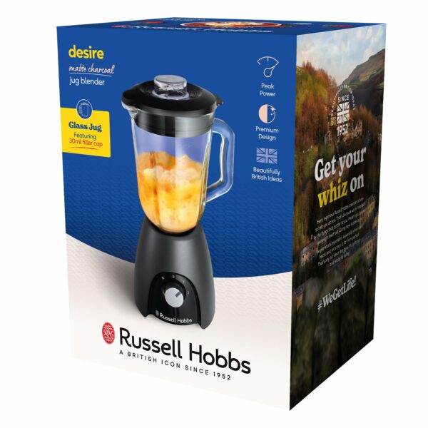 Russell Hobbs Jug Blender [Smoothie Maker] Mixer for Juices & Baby Food (1.5L Glass Jar, 2 speeds & pulse settings, Stainless-steel blades, BPA-free, 850W Peak Power) Matte Charcoal 27121