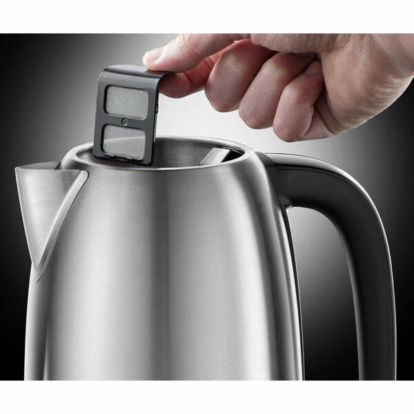 Russell Hobbs Brushed Stainless Steel & Black Electric 1.7L Cordless Kettle with black handle (Fast Boil 3KW, Removable washable anti-scale filter, Pull off lid, Perfect pour spout) 23910