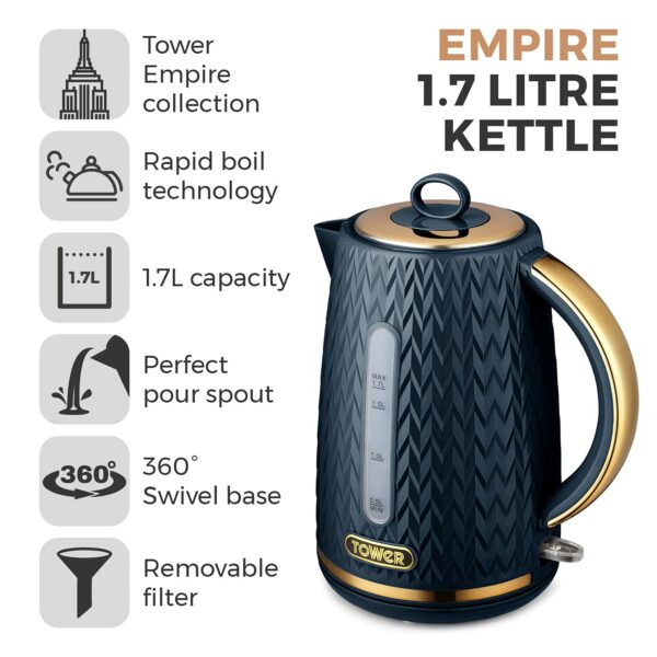 Tower T10052MNB Empire 1.7 Litre Kettle with Rapid Boil, Removable Filter, 3000W, Midnight Blue with Brass Accents