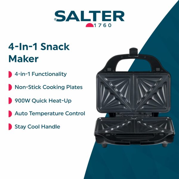Salter 4-In-1 Snack Maker - Sandwich Toaster, Waffle Maker, Panini Press Grill, Omelette Maker, Removable Extra Large Deep Fill Hot Plates, Non-Stick, 900W, Auto Temperature Control, Stay Cool Handle