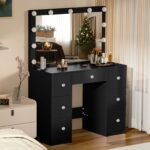 Guanglai Makeup Vanity with Large Lighted Mirror & 6 Drawers, Vanity Desk set 3 Lighting Modes Adjustable Brightness, Dressing Table for Women Girls, Crystal handle, Black