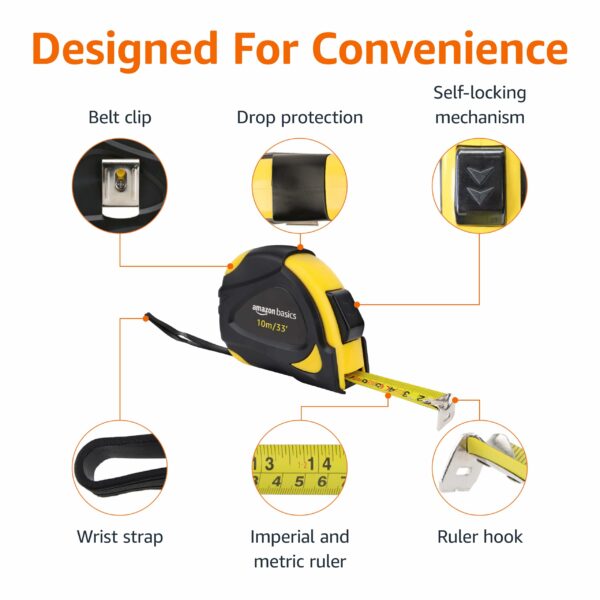 Amazon Basics Self Locking Tape Measure, Metric Scale, MID Accuracy, 10 m (1-Pack), Black, Yellow