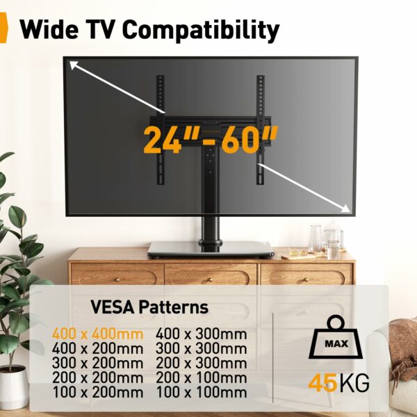 Perlegear Universal Swivel TV Stand for 24-60 inch TVs up to 45kg, Height Adjustable Table Top TV Stand, TV Base Stand with Tempered Glass Base, Pedestal TV Stand with Bracket Max VESA 400x400mm