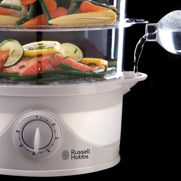 Russell Hobbs 3 Tier Electric Food Steamer, 9L, Dishwasher safe BPA free baskets, Stackable baskets, 1L Rice bowl inc, 60 min timer, Steams in 40 seconds, Healthy eating, Energy saving, 800W, 21140