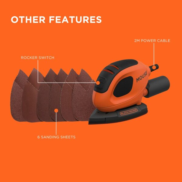 BLACK+DECKER Mouse 55W Detail Sander with 6 Sanding Sheets, BEW230-GB