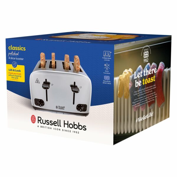 Russell Hobbs 4 Slice Toaster with Perfect Toast Technology for improved evenness (Wide slots, Lift & look feature, 6 Browning levels, Frozen & Cancel function, 1700W, Brushed & Stainless Steel) 24090
