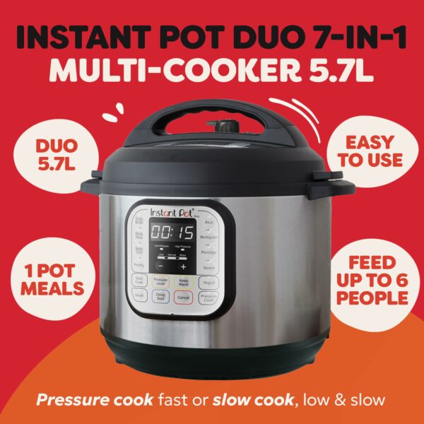 Instant Pot Duo 7-in-1 Multi-Cooker 5.7L - Brushed Stainless Steel, Large Pressure Cooker, Slow Cooker, Rice Cooker, Sauté Pan, Yoghurt Maker, Food Steamer Pot and Food Warmer, Dishwasher Safe