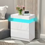 Elfordsen Led Bedside Table 4 Sides High Gloss Wooden Nightstand Cabinet
