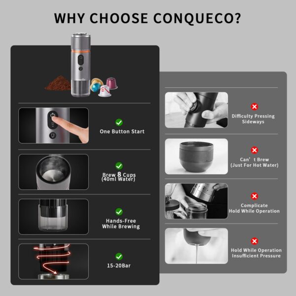 CONQUECO Portable Espresso Machine Travel: 12v Car Coffee Maker with Battery for Camping - Small Electric - 2.5 Mins Heating - 8 Cups Espresso for One Charge