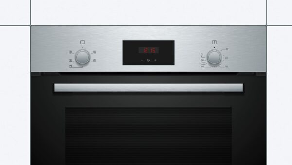 Bosch Serie 2 HHF113BR0B Stainless Steel Single Electric Oven with A Energy Efficiency, 66 Litre Capacity, Electronic Clock Timer And Enamel Interior