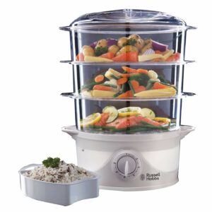 Russell Hobbs 3 Tier Electric Food Steamer, 9L, Dishwasher safe BPA free baskets, Stackable baskets, 1L Rice bowl inc, 60 min timer, Steams in 40 seconds, Healthy eating, Energy saving, 800W, 21140