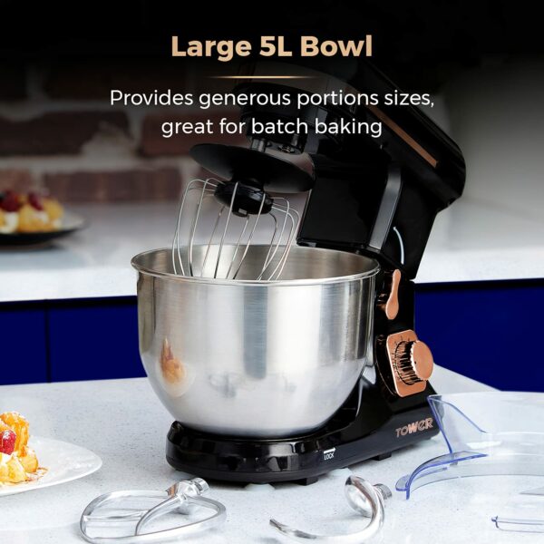 Tower T12033RG 3-in-1 5L Stand Mixer with 6 Speeds and Pulse Setting, 1000W, Rose Gold