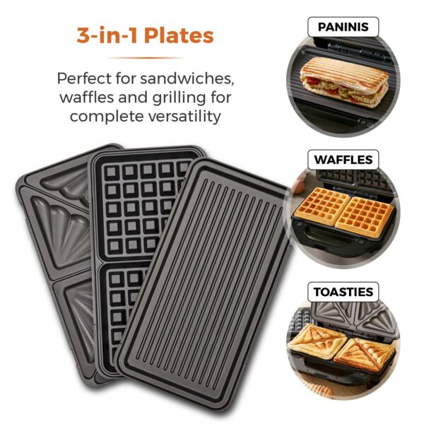 Tower Deep Filled Snack Maker T27032 3-in-1 with Non-Stick Coated Plate and Automatic Temperature Control, 900W, Stainless Steel