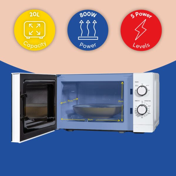 Russell Hobbs 20 Litre 800W White Solo Manual Microwave, 5 Power Levels, Integrated Timer and Defrost Function, Easy Clean RHM2027