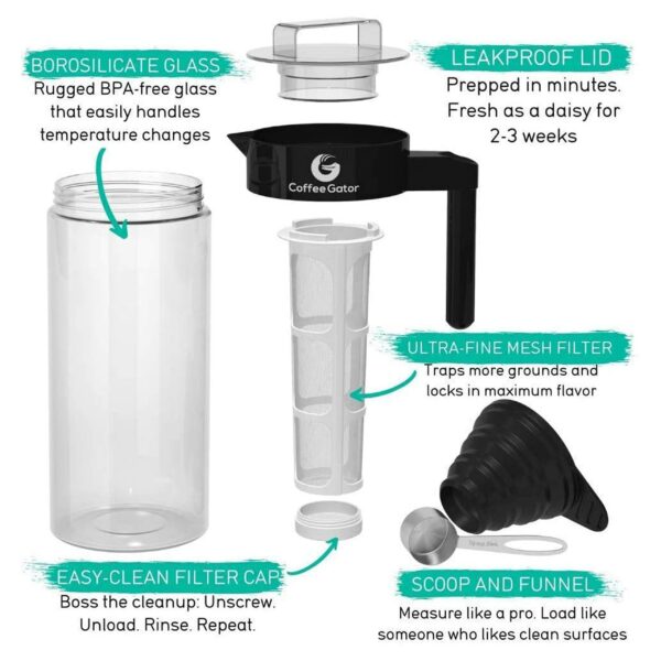Coffee Gator Cold Brew Coffee Maker - 1.4L Iced Tea and Cold Brew Maker and Pitcher w/Glass Carafe, Filter, Funnel & Measuring Scoop - Grey