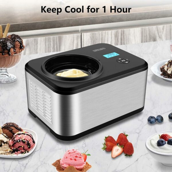 KUMIO 1.5L Ice Cream Maker with Compressor, No Pre-Freezing, 4 Modes Ice Cream Maker Machine with LCD Display, Timer, Automatic Gelato & Yogurt Machine, Stainless Steel