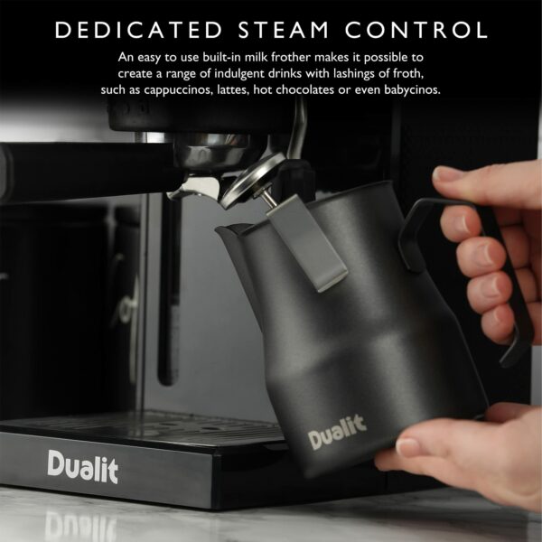 Dualit Espresso Coffee Machine | 1.4L Capacity | Black | Manual Dosing Coffee Maker| Filter Holder, Frother & Water Softener Bag Included | 84470