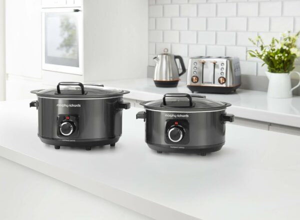 Morphy Richards 6.5L Sear and Stew Slow Cooker with Detachable Hinged lid, Shatter Resistant Aluminium Pot, 3 Heat Settings, Hob Proof, Easy Clean, 163W, Black, 461020