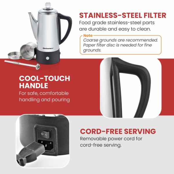 Elite Gourmet Electric 6-Cup Coffee Percolator EC140 with Keep Warm, Clear Brew Progress Knob Cool-Touch Handle Cord-less Serve, Stainless Steel
