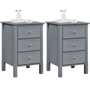 Yaheetech Bedside Tables Set of 2Pcs Chest of 3 Drawers Narrow Side Tables Wood Nightstands for Bedroom/Living Room/Small Space, 40x40x60cm, Dark Gray