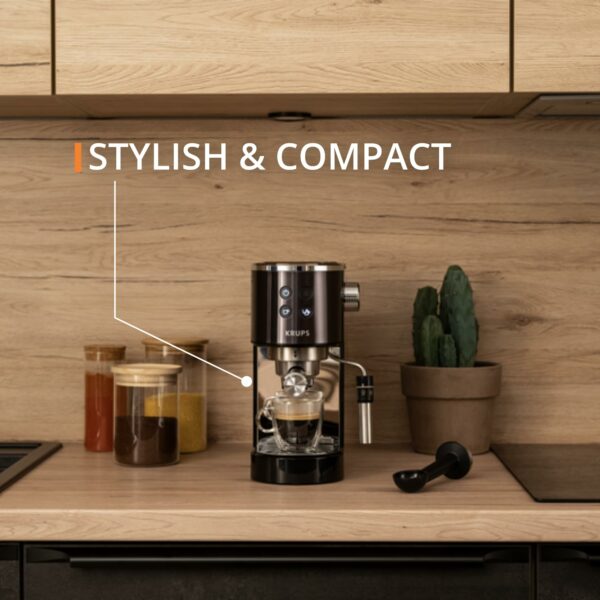 Krups Virtuoso Pump Espresso Machine, Sleek Compact Design, Auto Flow-Stop, Espresso and Cappuccino Maker, Black Stainless Steel, XP444GG0