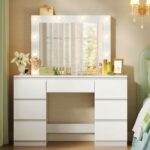 WOLTU Dressing Table with LED Bulb Lights, Adjustable Brightness, Vanity Table Makeup Desk with Large Mirror and 7 Drawers, 110 x 140.5 x 39.5 cm, White Bedroom Dresser Cosmetic Table, MB6099ws