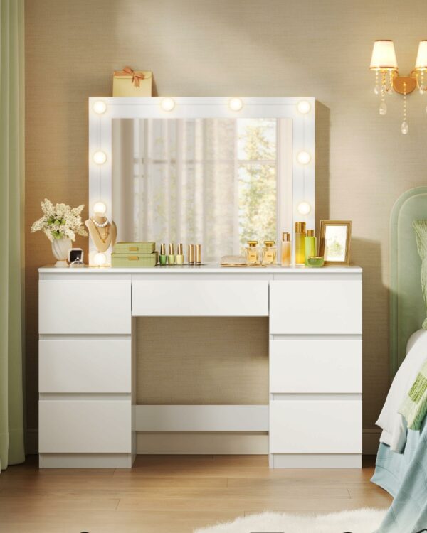 WOLTU Dressing Table with LED Bulb Lights, Adjustable Brightness, Vanity Table Makeup Desk with Large Mirror and 7 Drawers, 110 x 140.5 x 39.5 cm, White Bedroom Dresser Cosmetic Table, MB6099ws