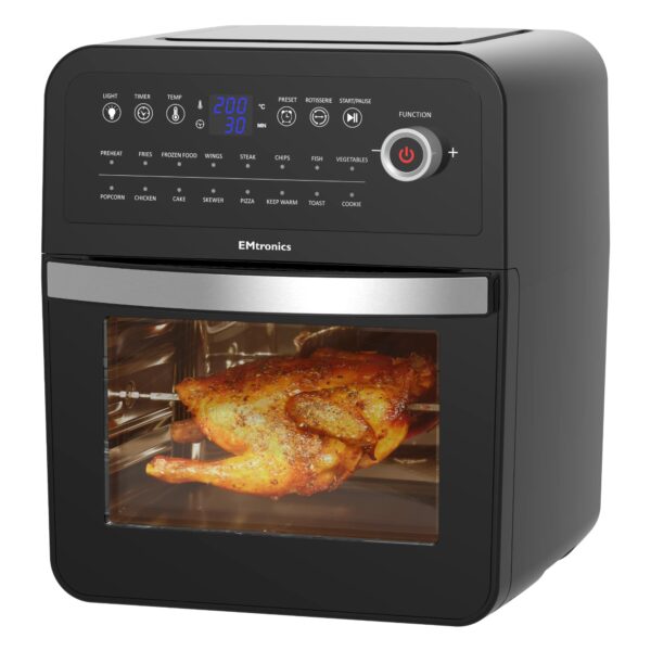 EMtronics Air Fryer Oven Combi, Rotisserie and Grill, Large Family Size 12L with 16 Pre-Set Menus for Oil Free Cooking – Black